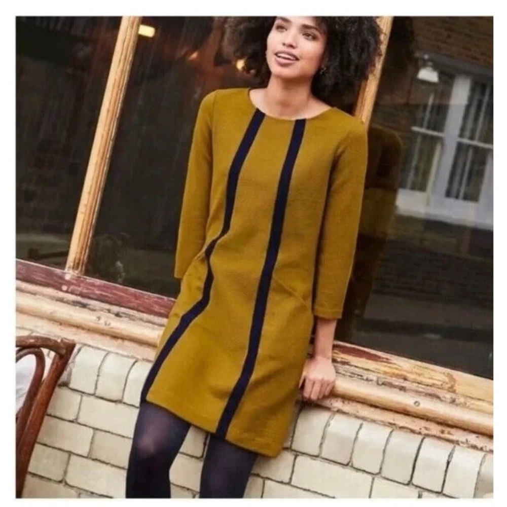 BODEN Anita Ottoman tunic Shift Dress J0477 Pockets 3/4 Sleeve Mustard Yellow 12